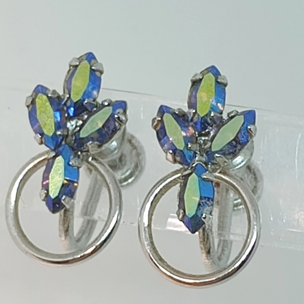 * Vintage Blue AB Crystal Stamped Sterling Silver Screw Back Earrings
